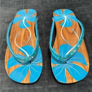 Blue Floral Women's Wooden Flip Flops